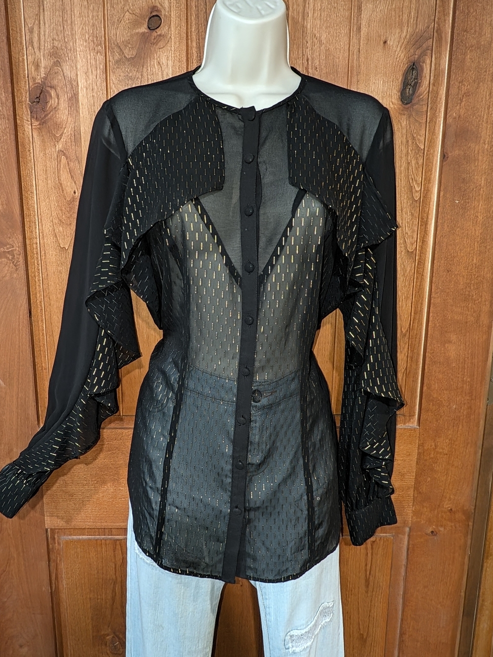 Bisou Bisou Black Sheer Blouse with Gold Bar Accents And Ruffles